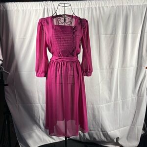 Vintage-Inspired Magenta Pleated Bodice Midi Dress